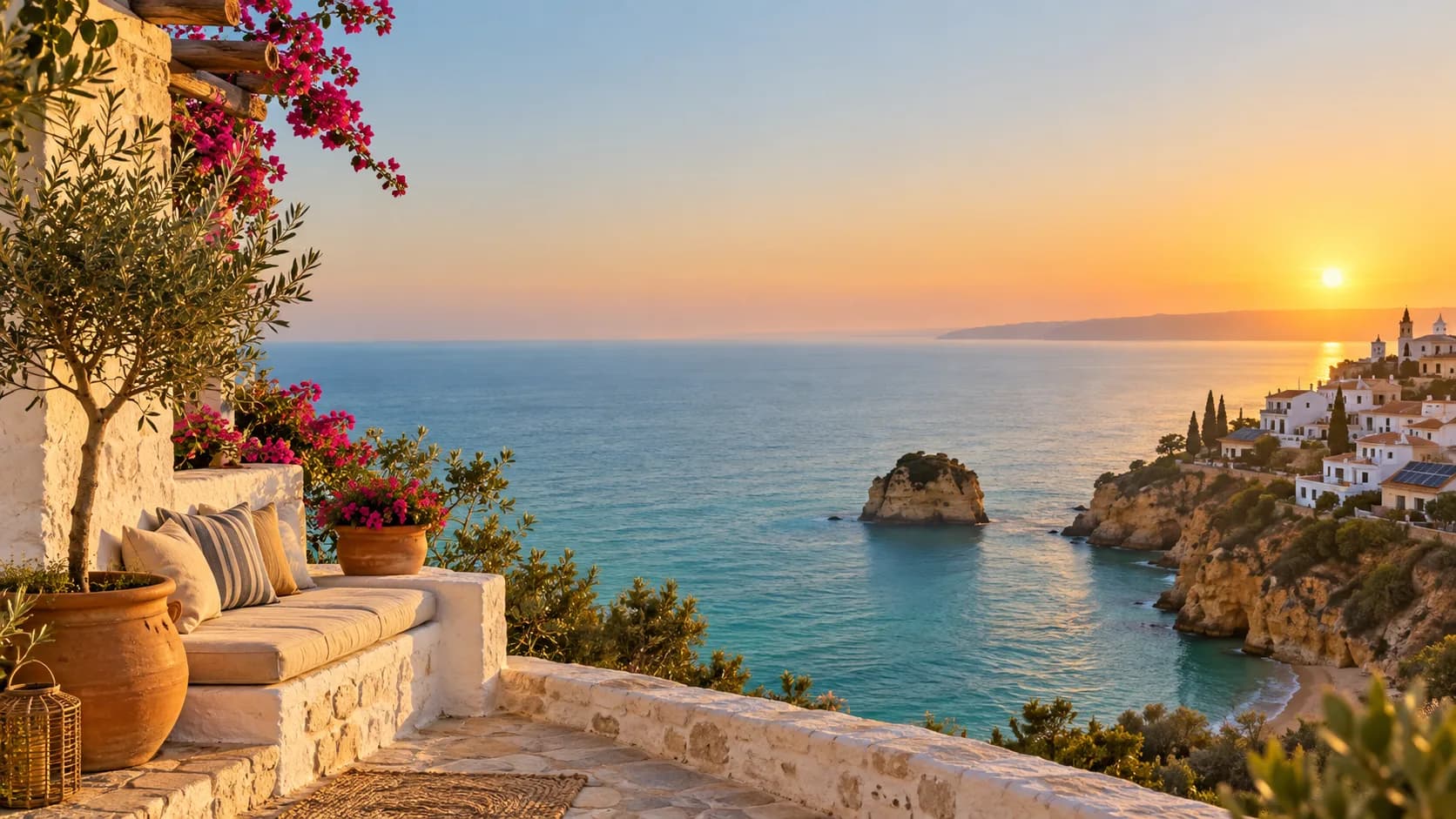 A stone terrace with cushions and bougainvillea above a turquoise bay, a small rock islet and a white village at sunset.