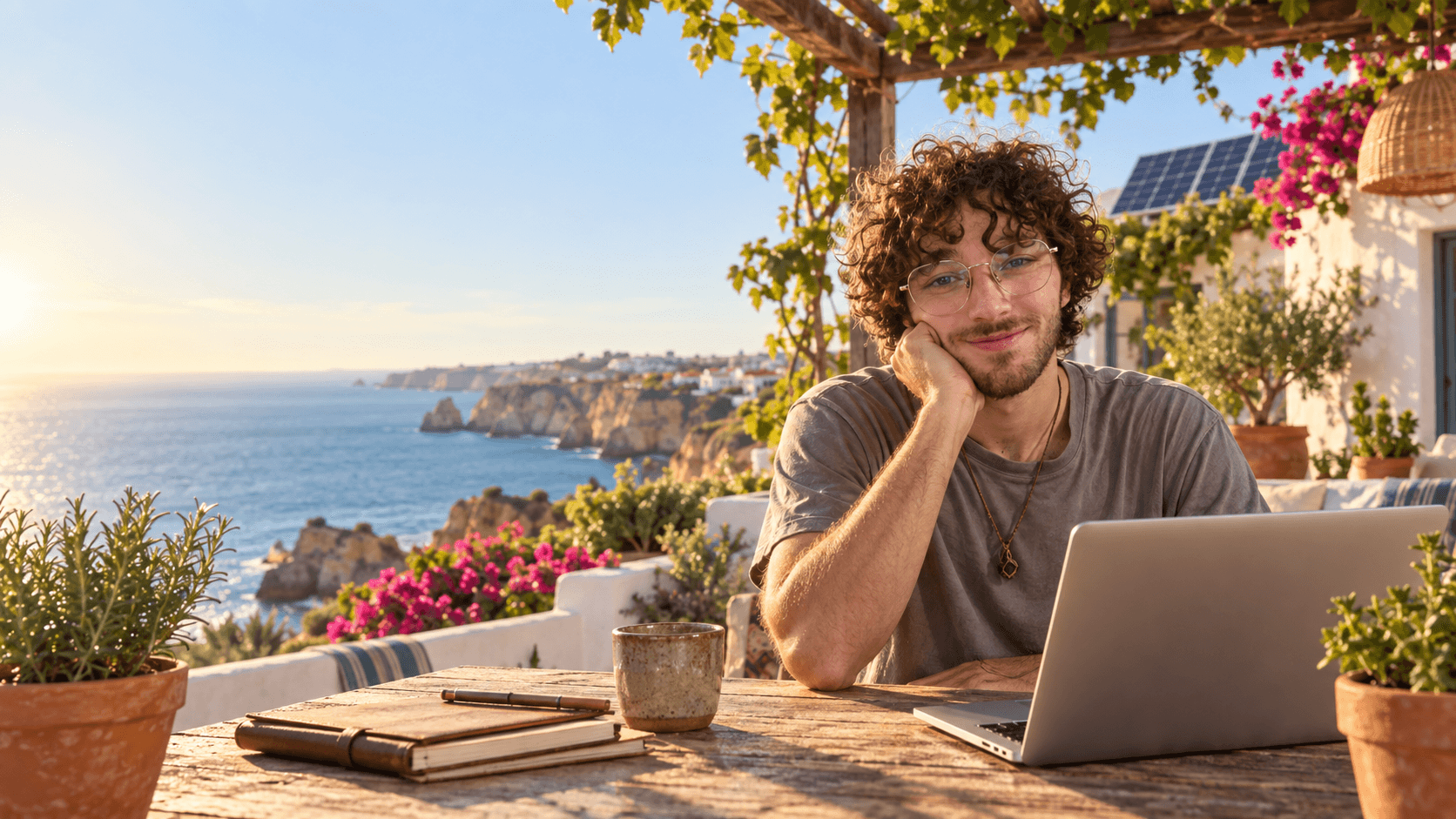 Jaime at a wooden worktable with his laptop, notebooks and plants, overlooking the Algarve coast in warm morning light.