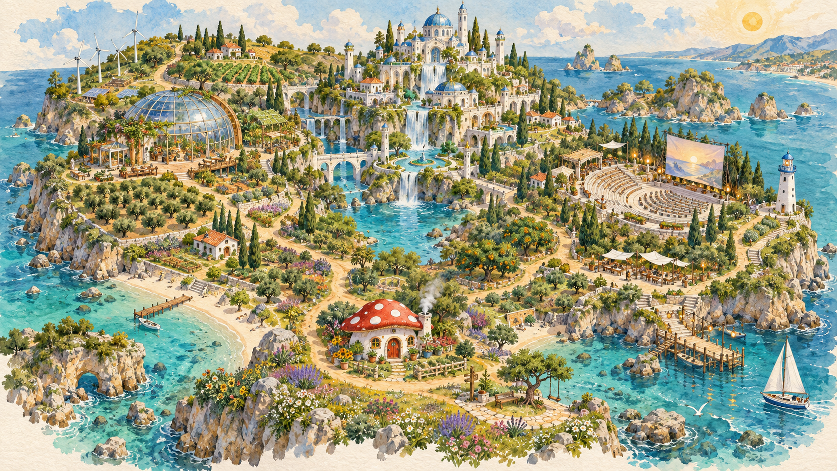 Illustrated island with a mushroom house, greenhouse, palace, and winding garden paths.