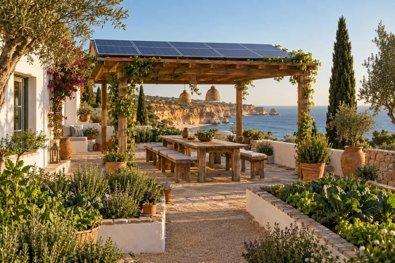 A terrace garden under a solar-roofed pergola, with raised beds, a long table and the sea beyond.