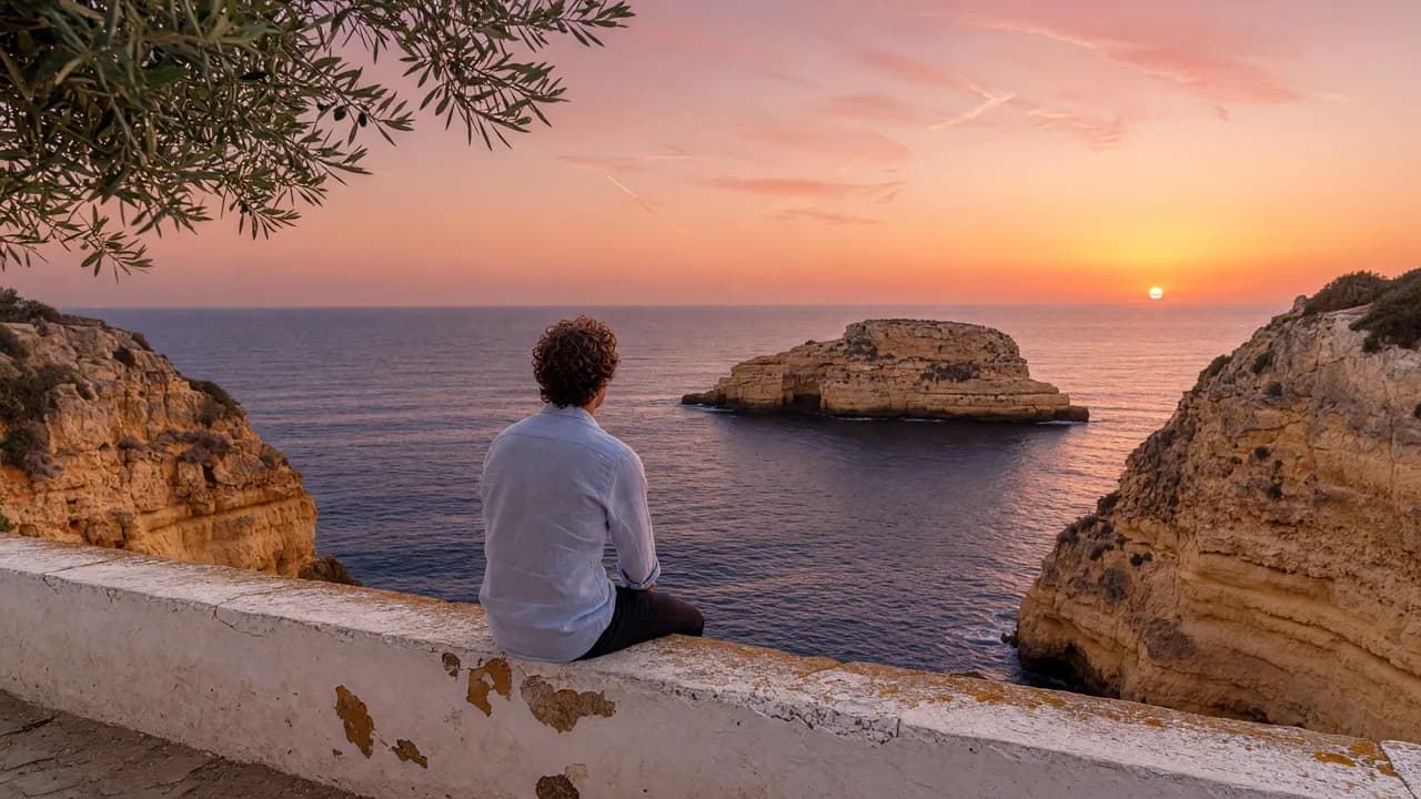 A curly-haired man seen from behind on a whitewashed wall, watching the sun set over the Algarve cliffs.