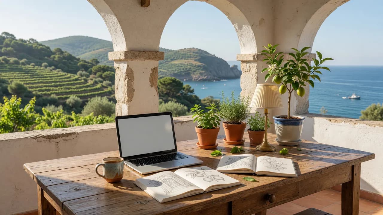 An open laptop, sketchbooks and potted herbs on a wooden table under white stone arches facing the sea.