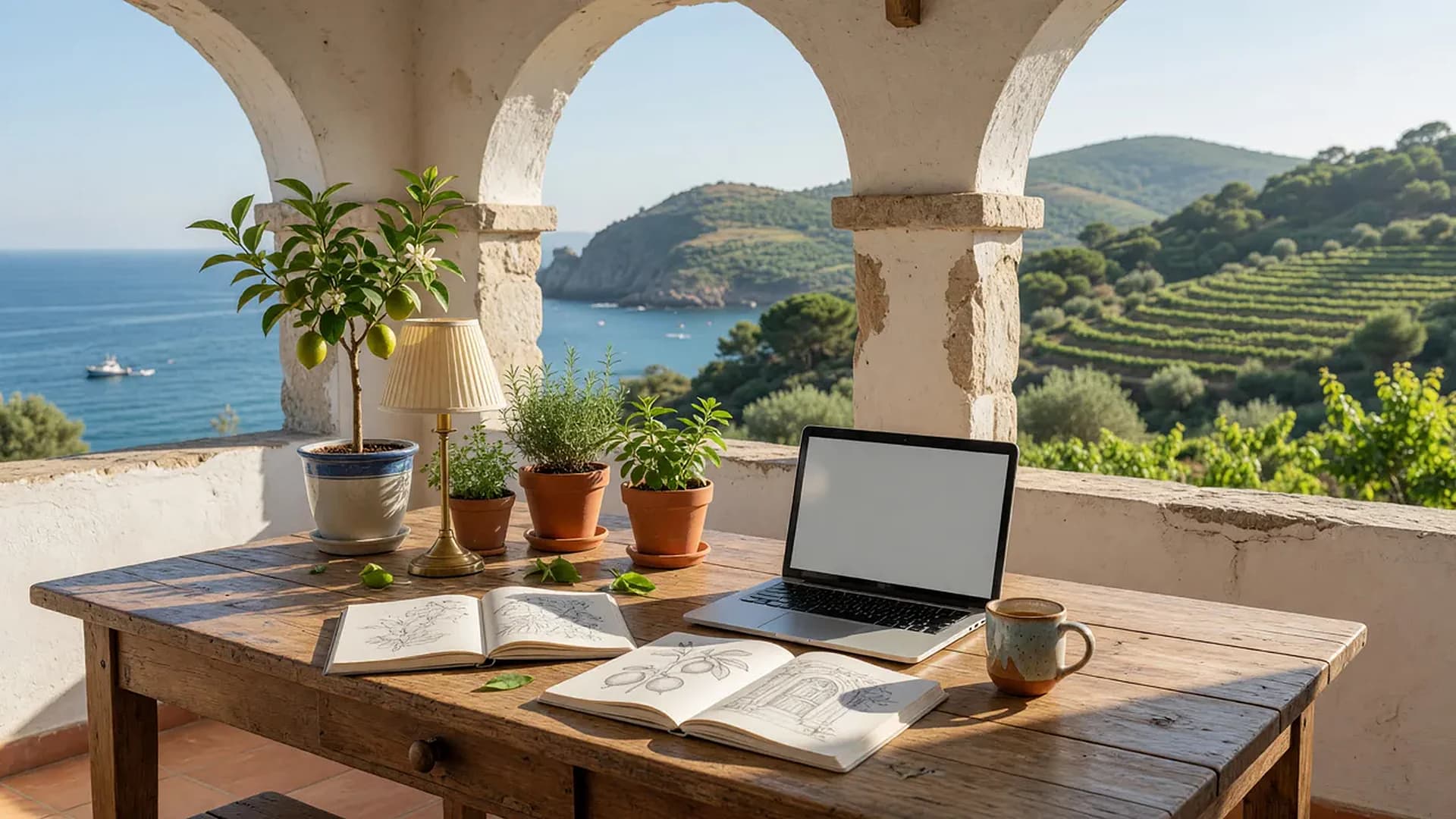 A wooden table on a sunlit terrace with nobody at it yet: an open laptop, sketchbooks and a cup, the sea beyond.